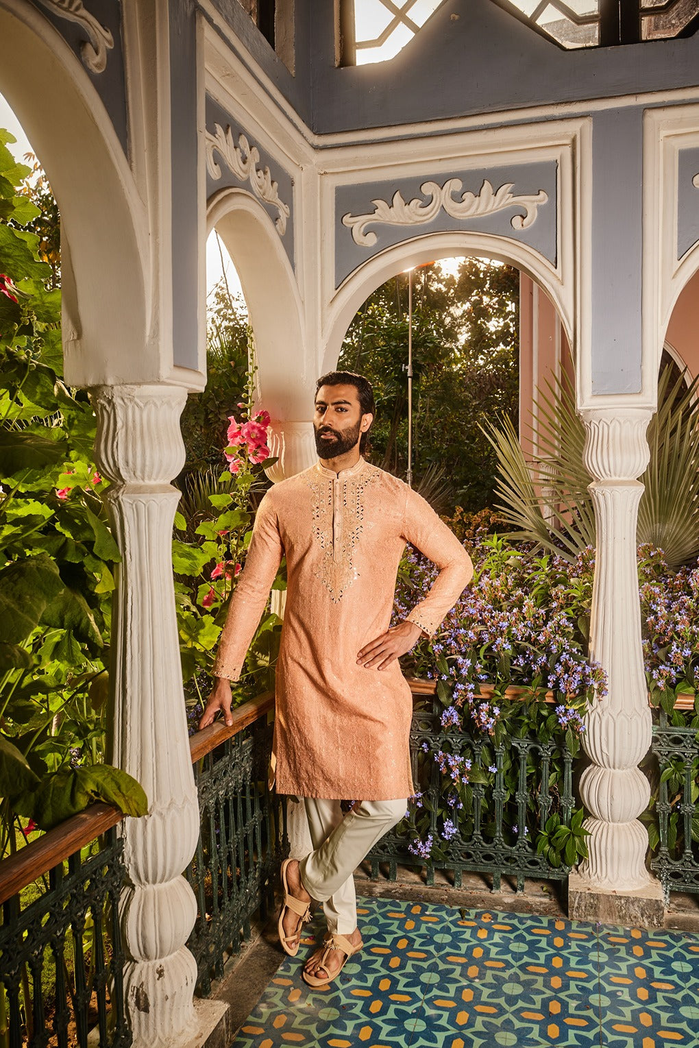 Peach Chanderi Dori and Mirror Embroidered Kurta Set
