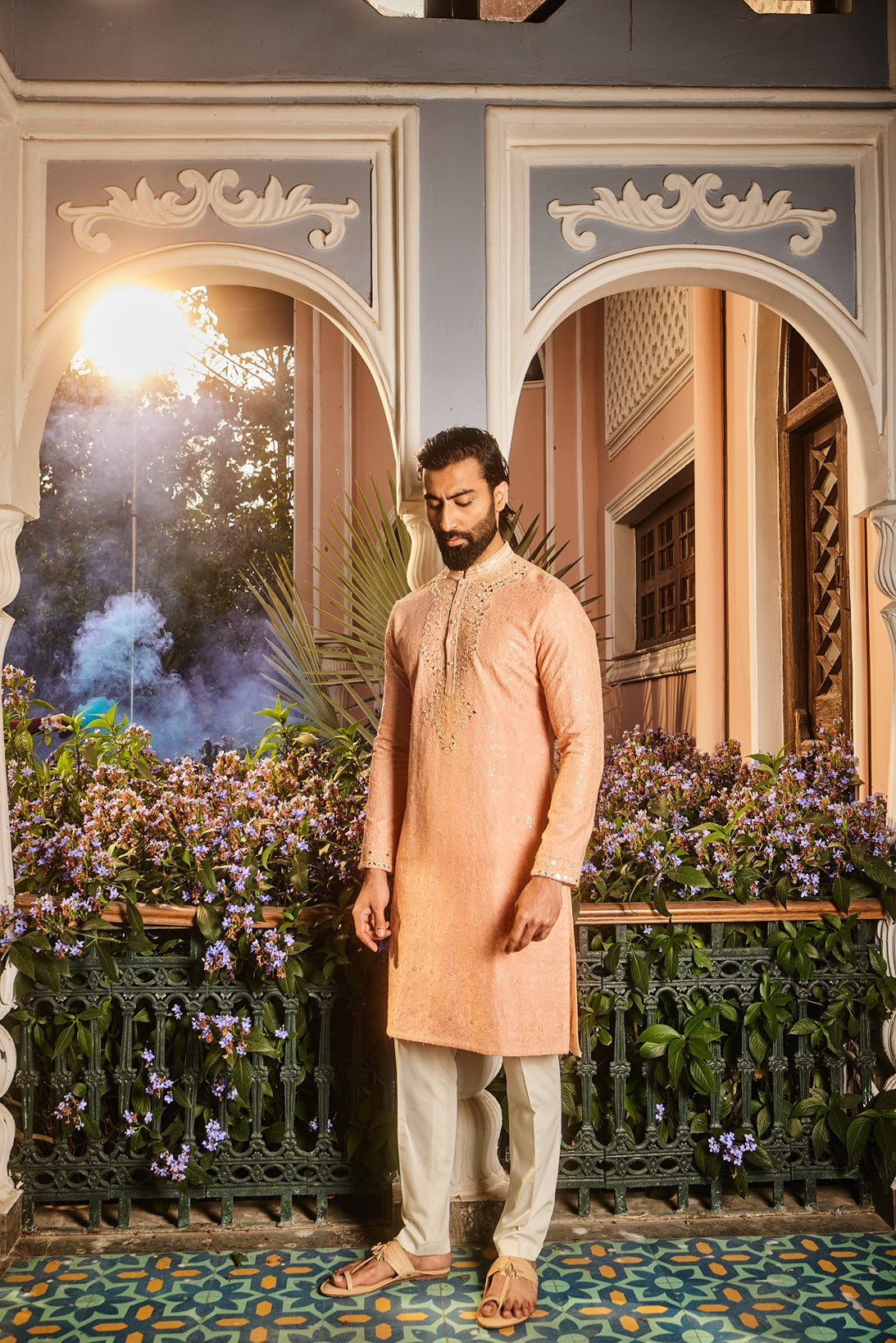 Peach Chanderi Dori and Mirror Embroidered Kurta Set