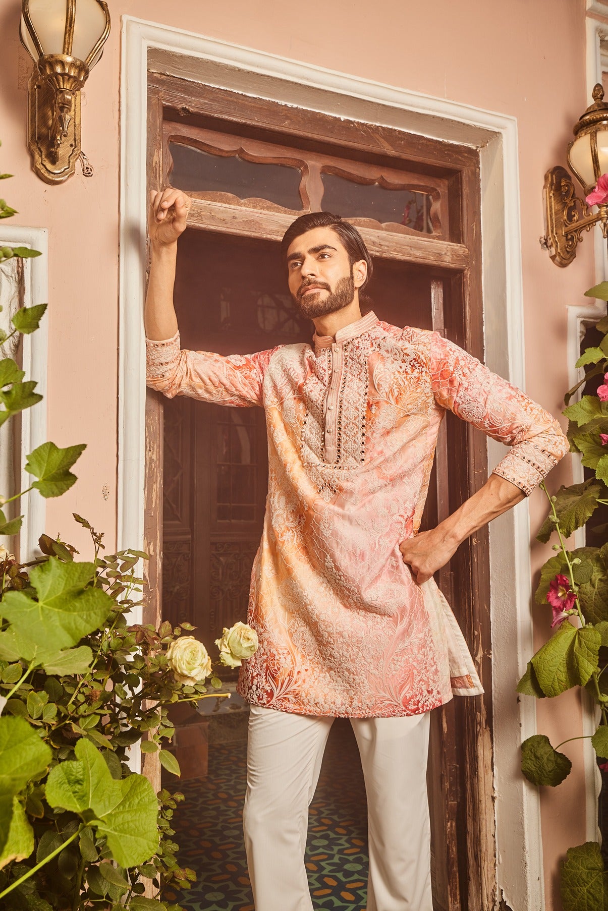 Peach Printed Dori and Mirror Embroidered Kurta Set