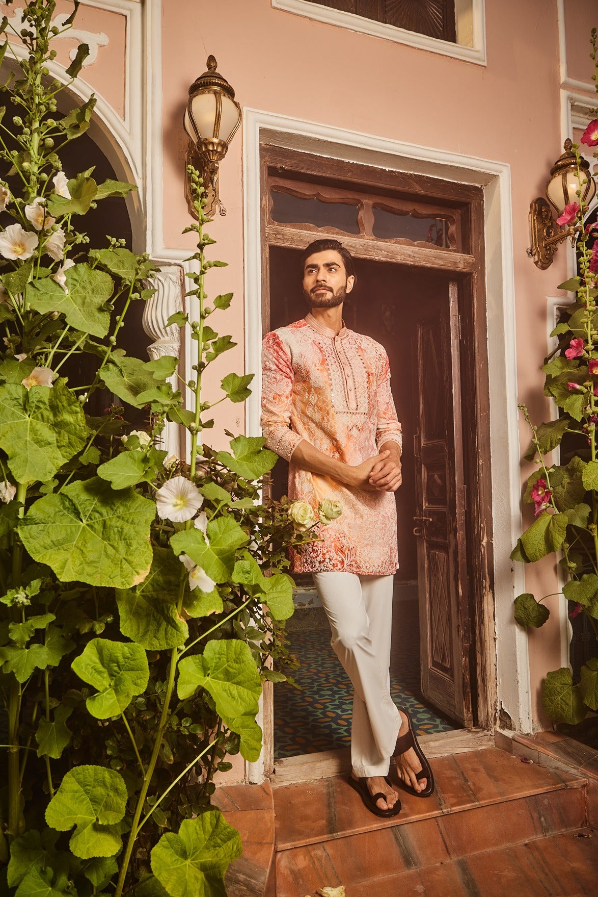Peach Printed Dori and Mirror Embroidered Kurta Set