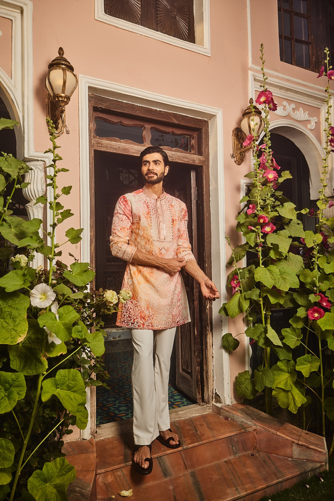 Peach Printed Dori and Mirror Embroidered Kurta Set