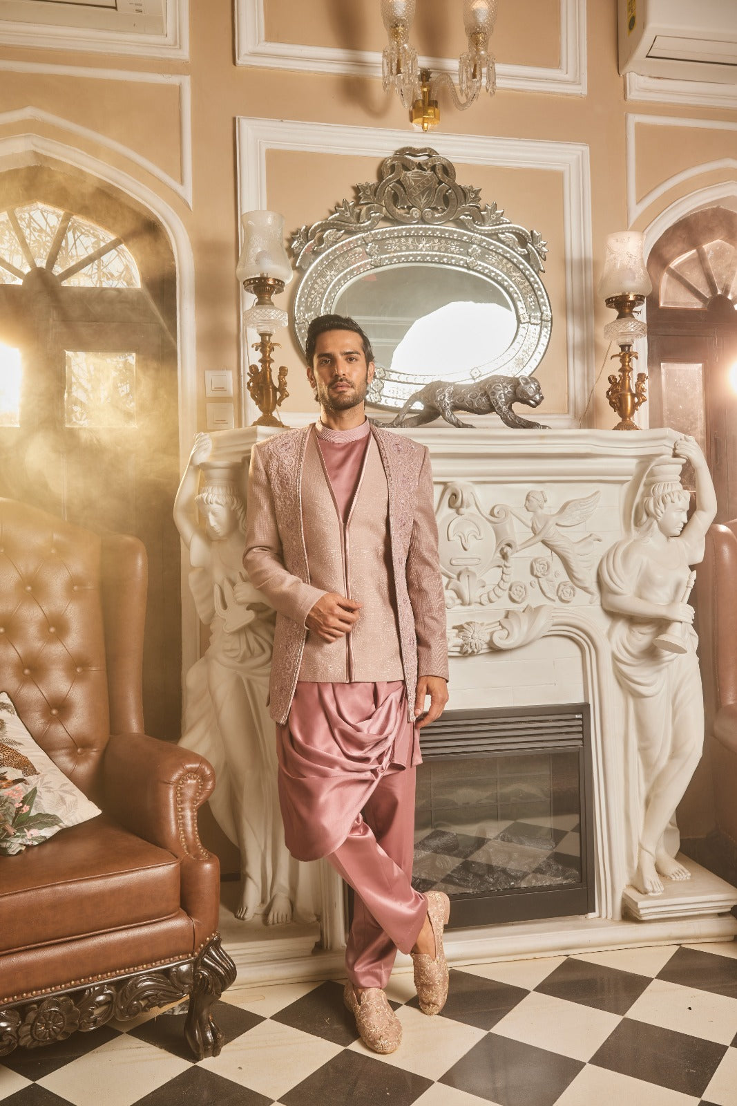 Lilac Silk Brocade Embroidered Bandhgala Set