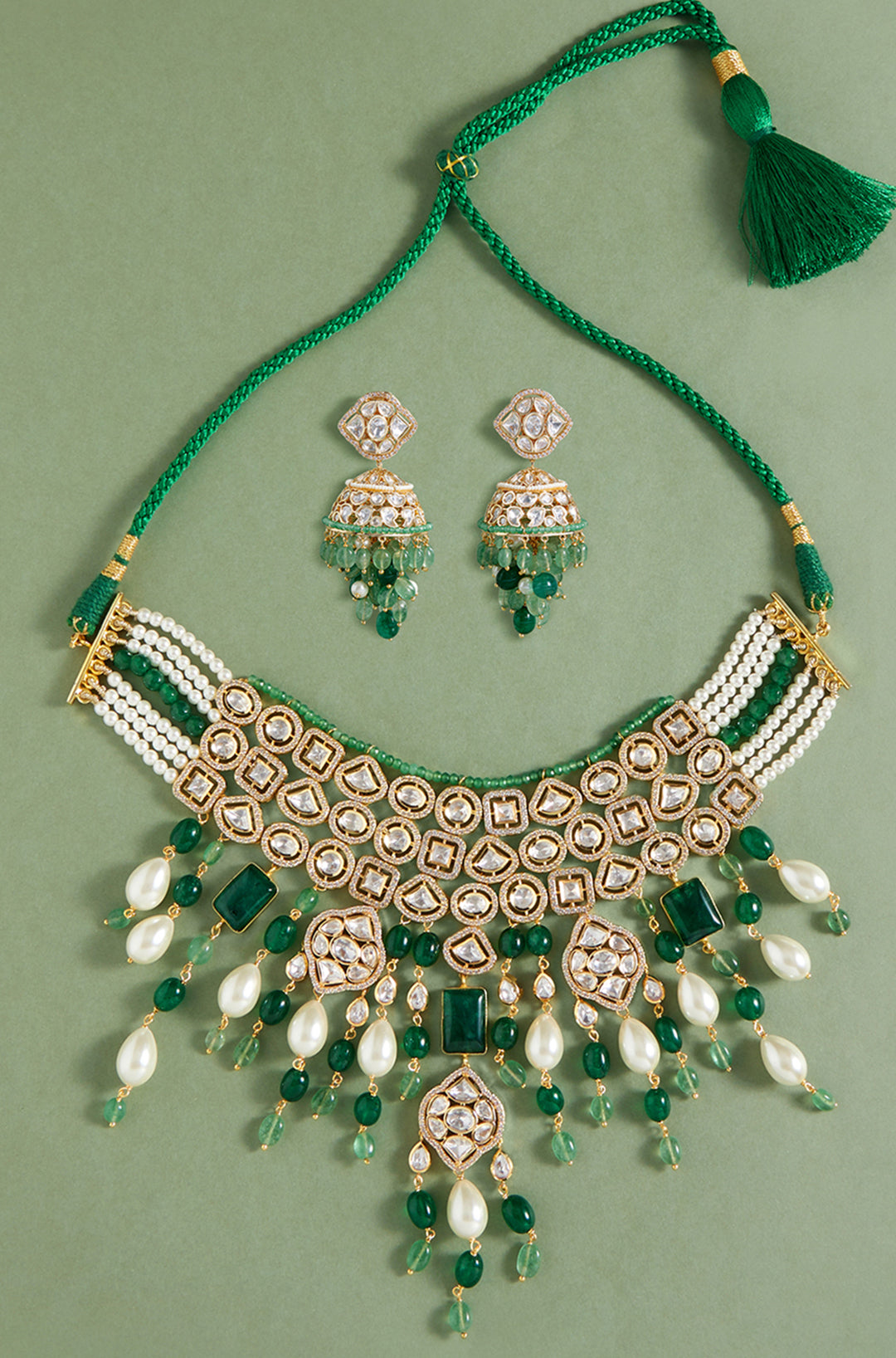 Bridal Necklace Set With Jades & Pearl Drops