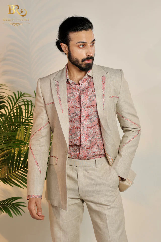 Beige Linen Blazer For Men - Main Image