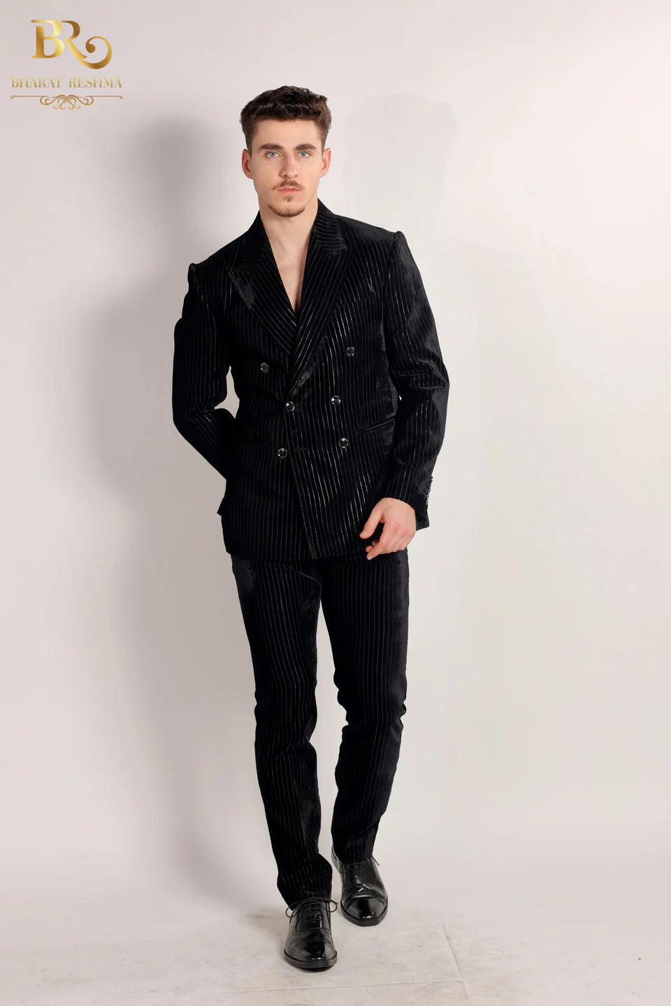 Black Double-Breasted Tuxedo With Subtle Silver Stripes