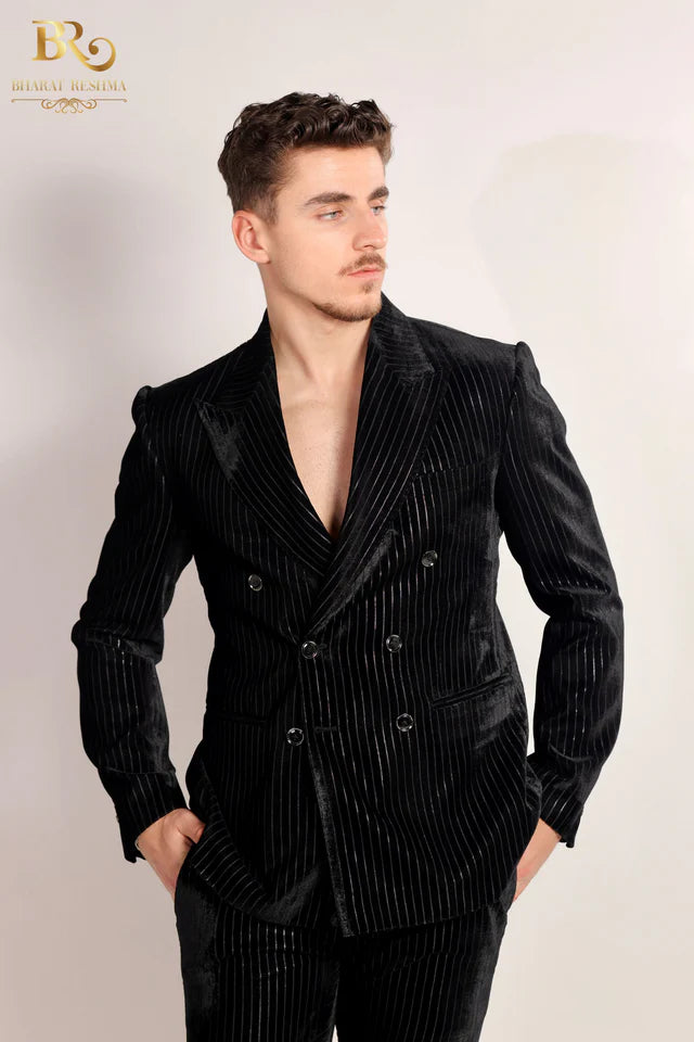 Black Double-Breasted Tuxedo With Subtle Silver Stripes