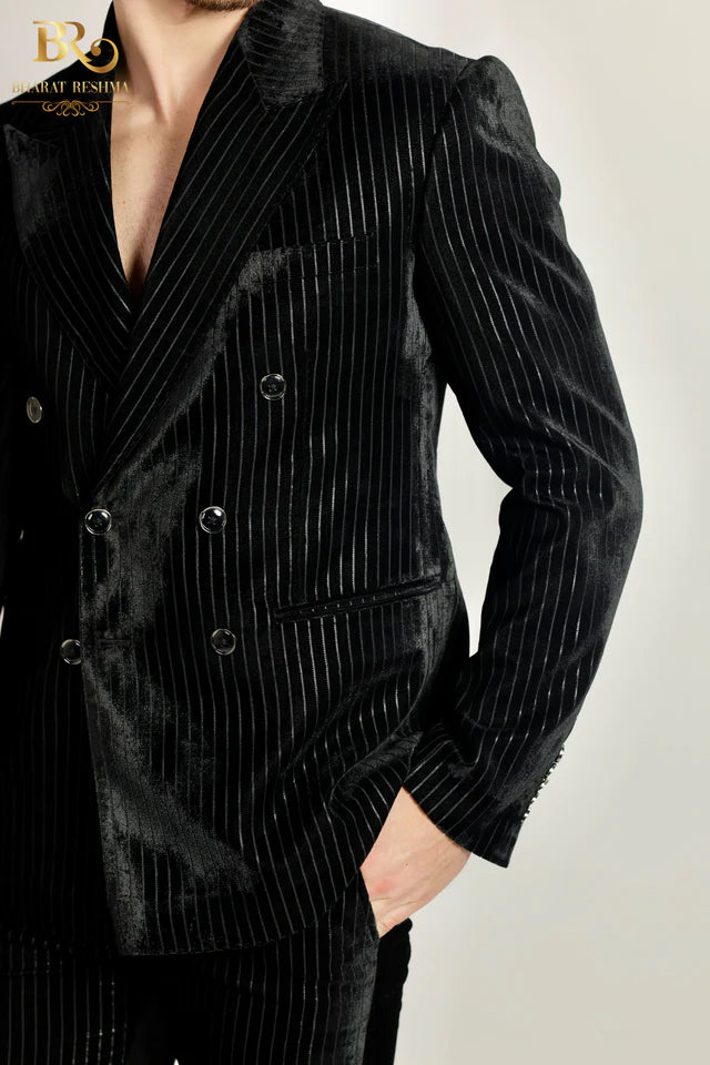 Black Double-Breasted Tuxedo With Subtle Silver Stripes