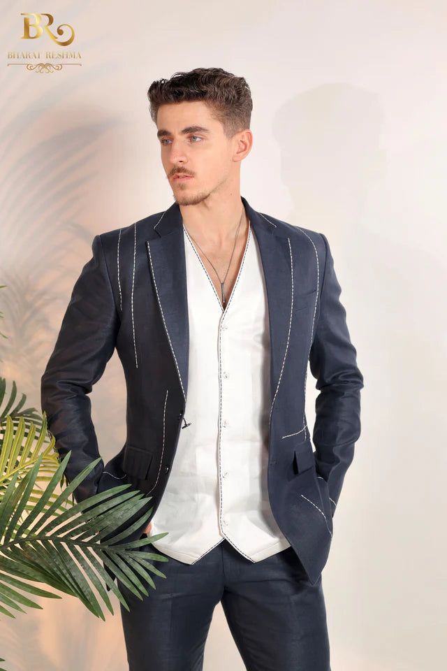 Blue Linen Blazer For Men – B Anu Designs - Main Image