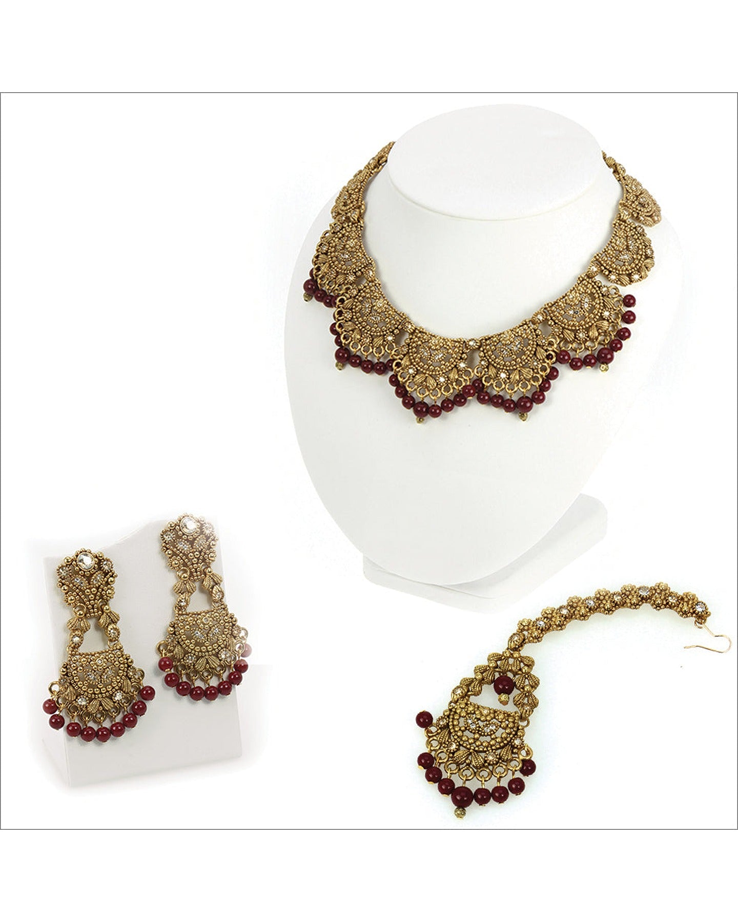 Antique Gold Jewelry with Crystal Golden Shadow and Dark Red Bead Accents