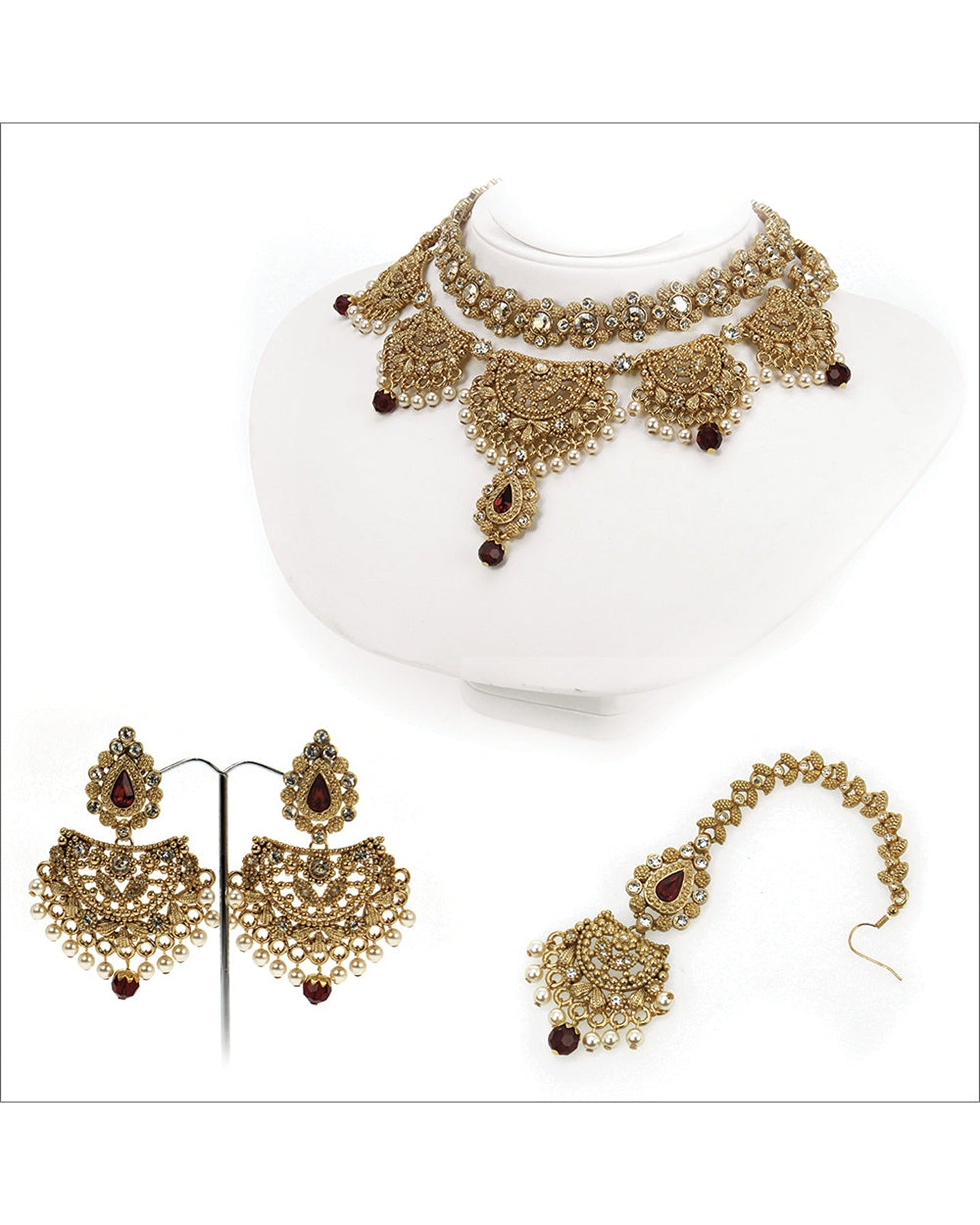 Antique Gold Jewelry with Siam Red and Crystal Golden Shadow Stones