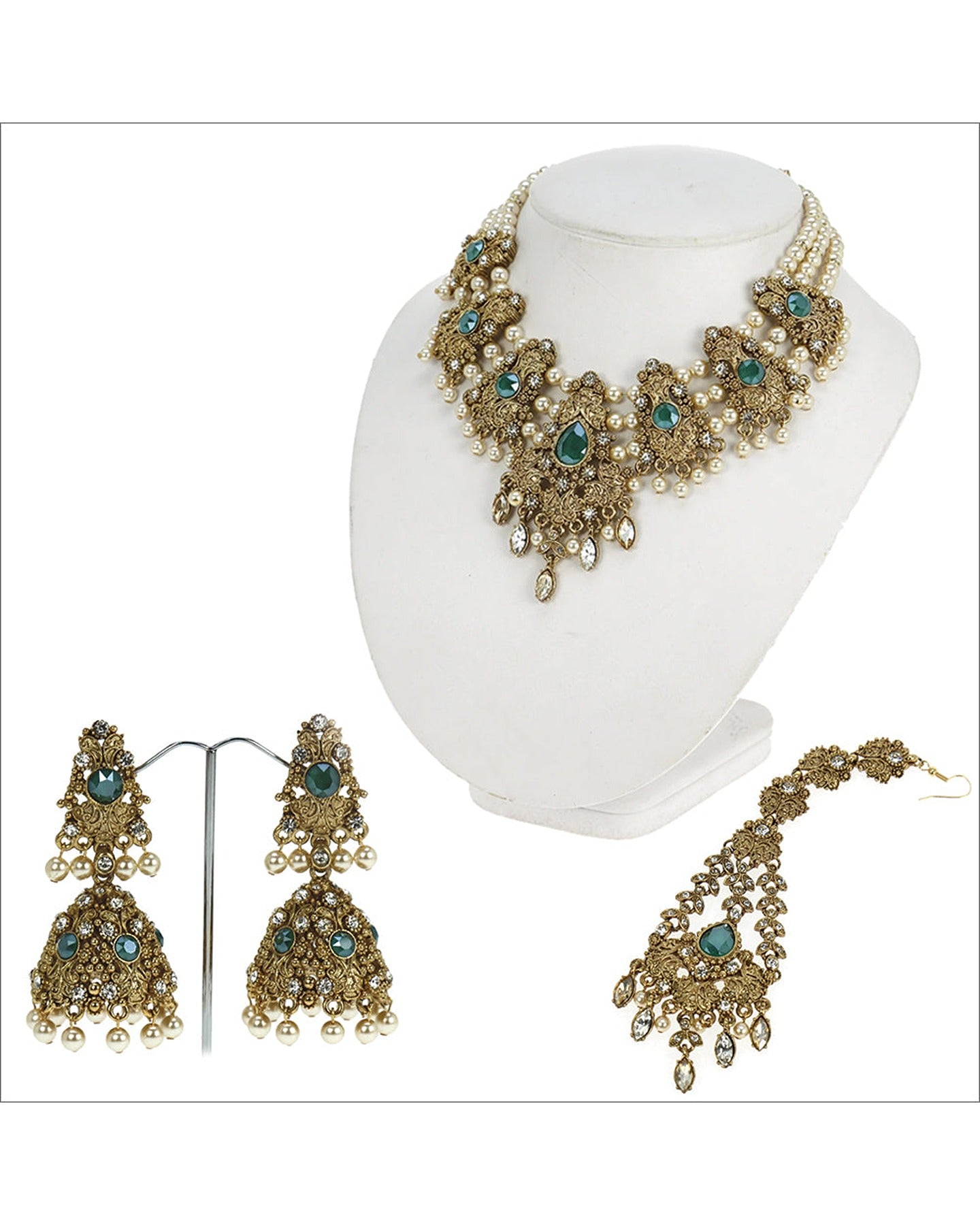Antique Gold Jewelry with Royal Green Bead and Crystal Stones