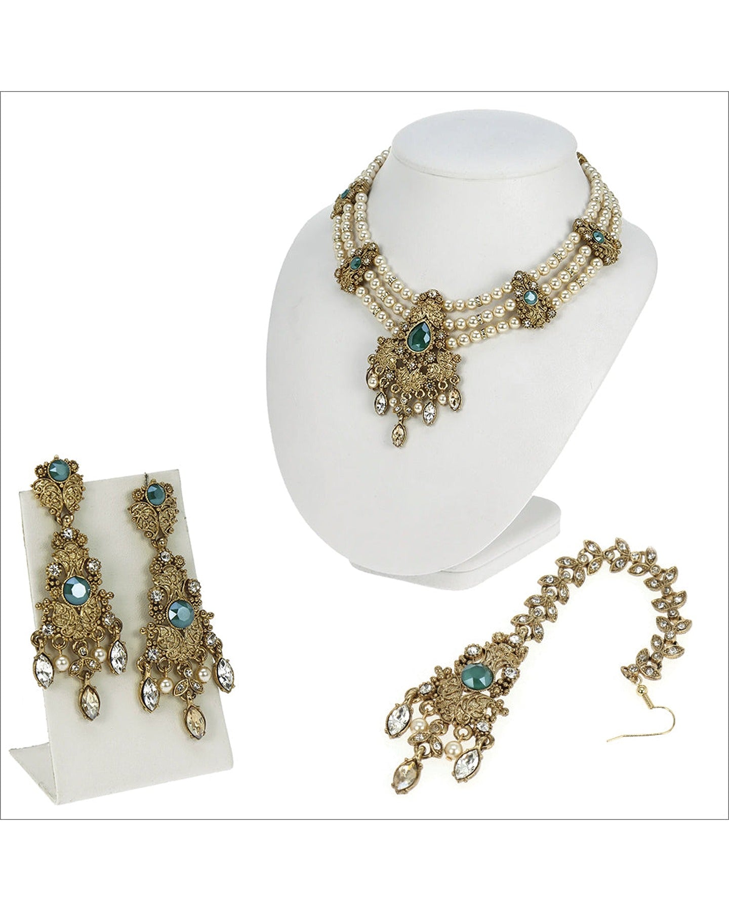 Antique Gold Jewelry with Royal Green Bead and Crystal Accents