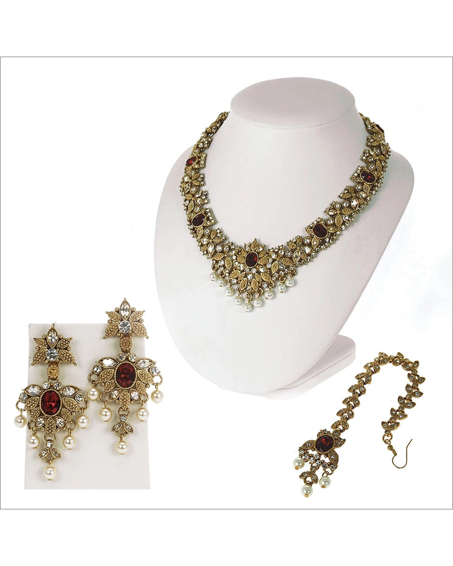 Antique Gold Jewelry with Siam Red and Crystal Golden Shadow Stones