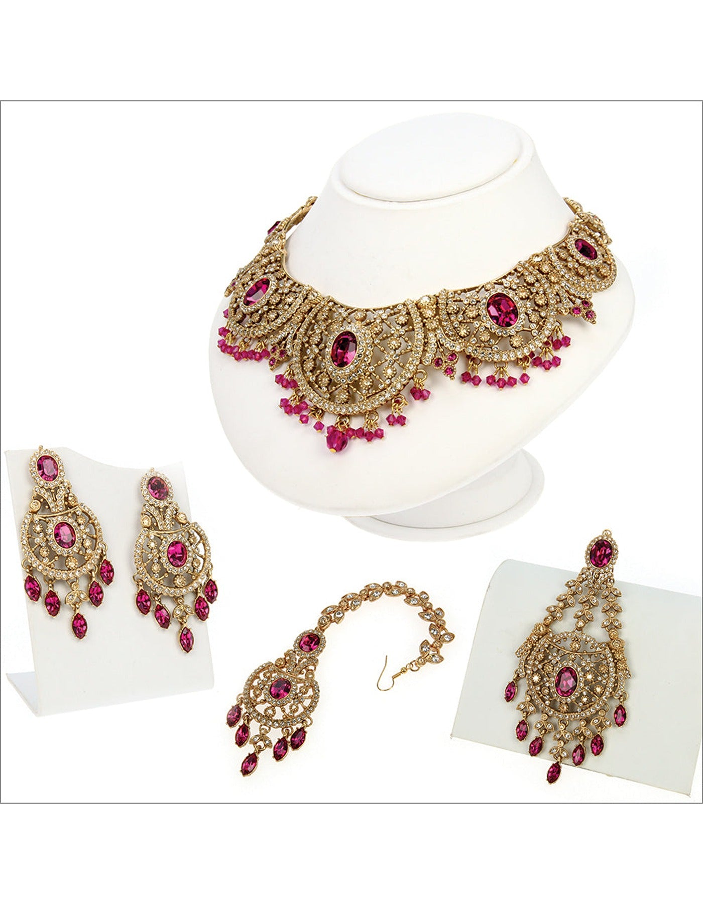 Antique Gold Jewelry with Fuchsia and Crystal Golden Shadow Accents