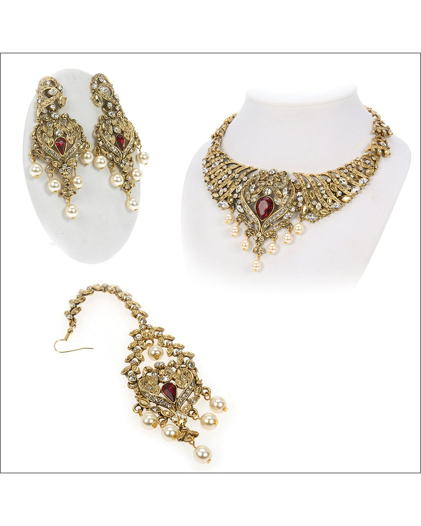 Antique Gold Jewelry with Siam Red and Crystal Stones