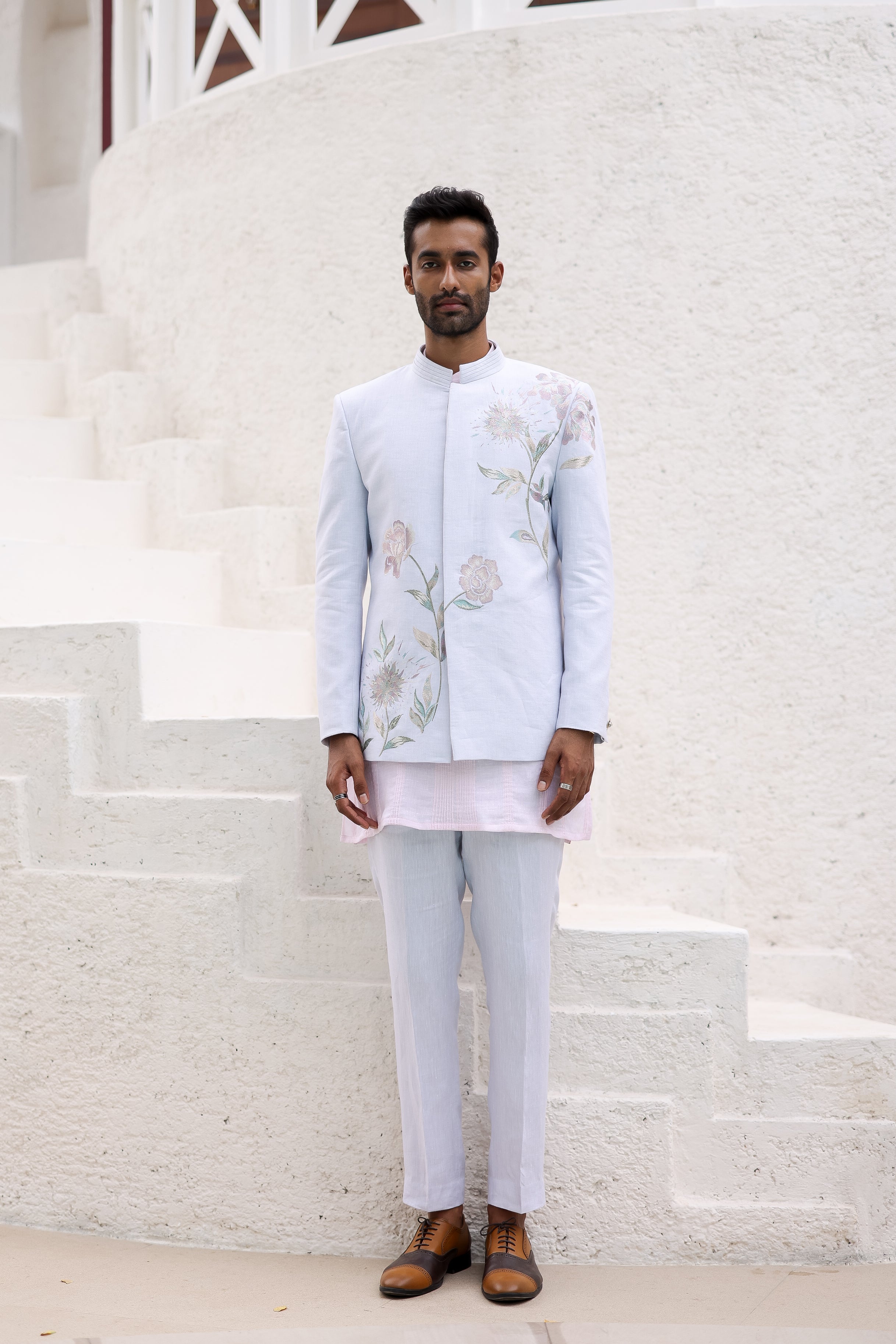 Sky Blue Floral Design Bandhgala with Pink Kurta