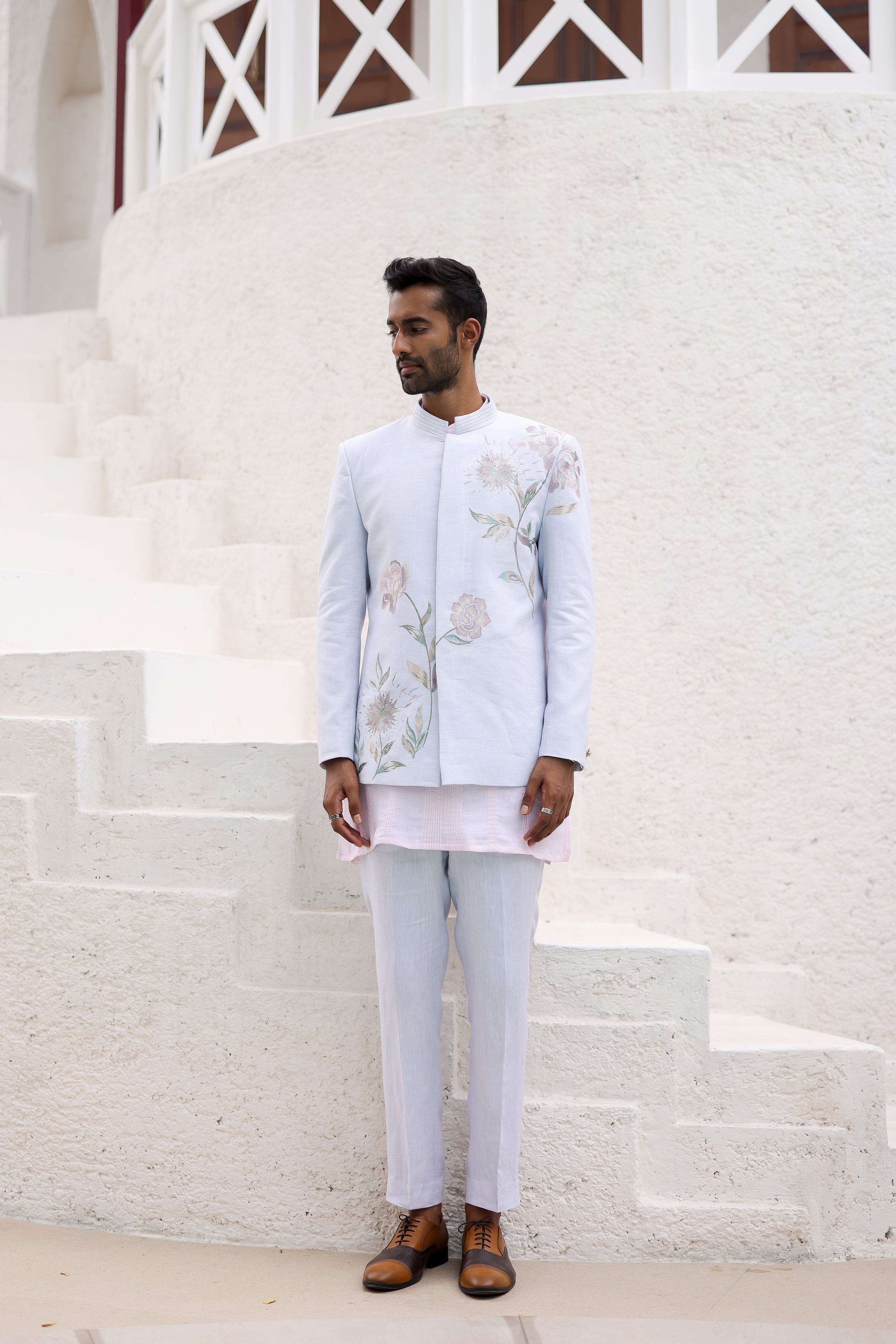 Sky Blue Floral Design Bandhgala with Pink Kurta