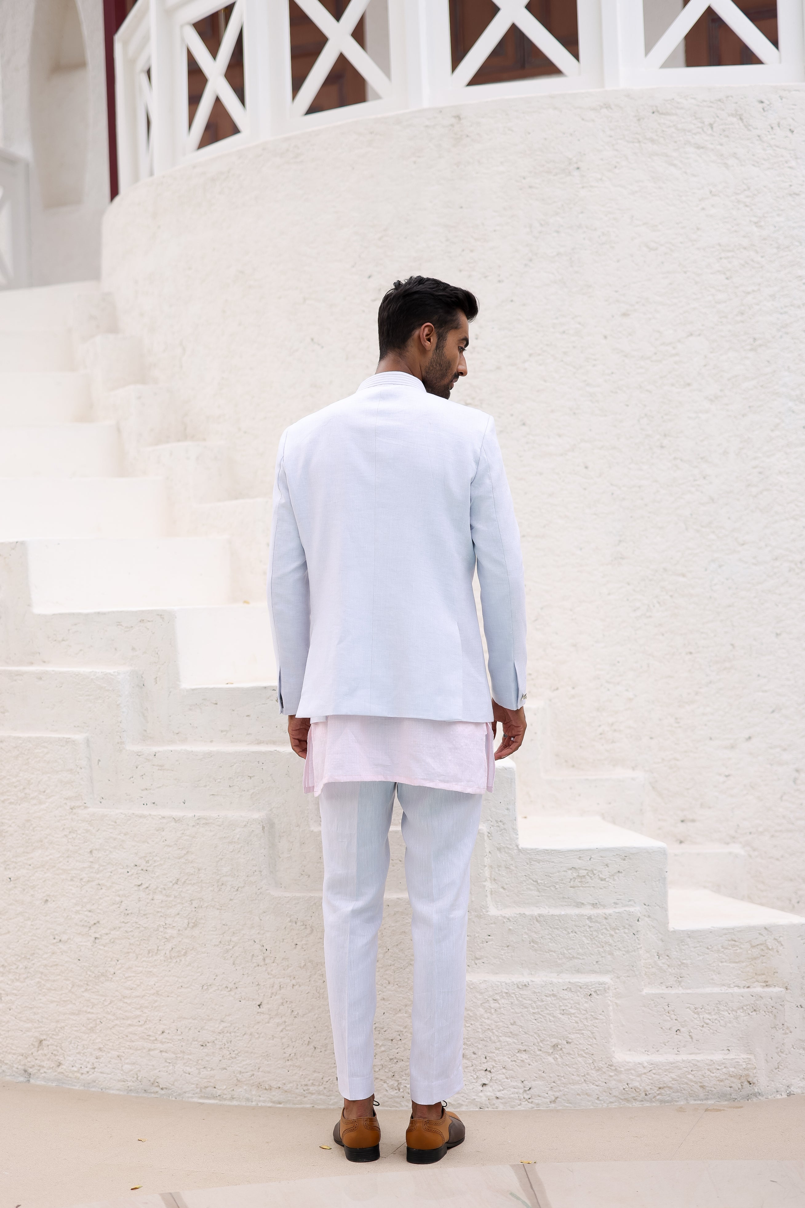 Sky Blue Floral Design Bandhgala with Pink Kurta