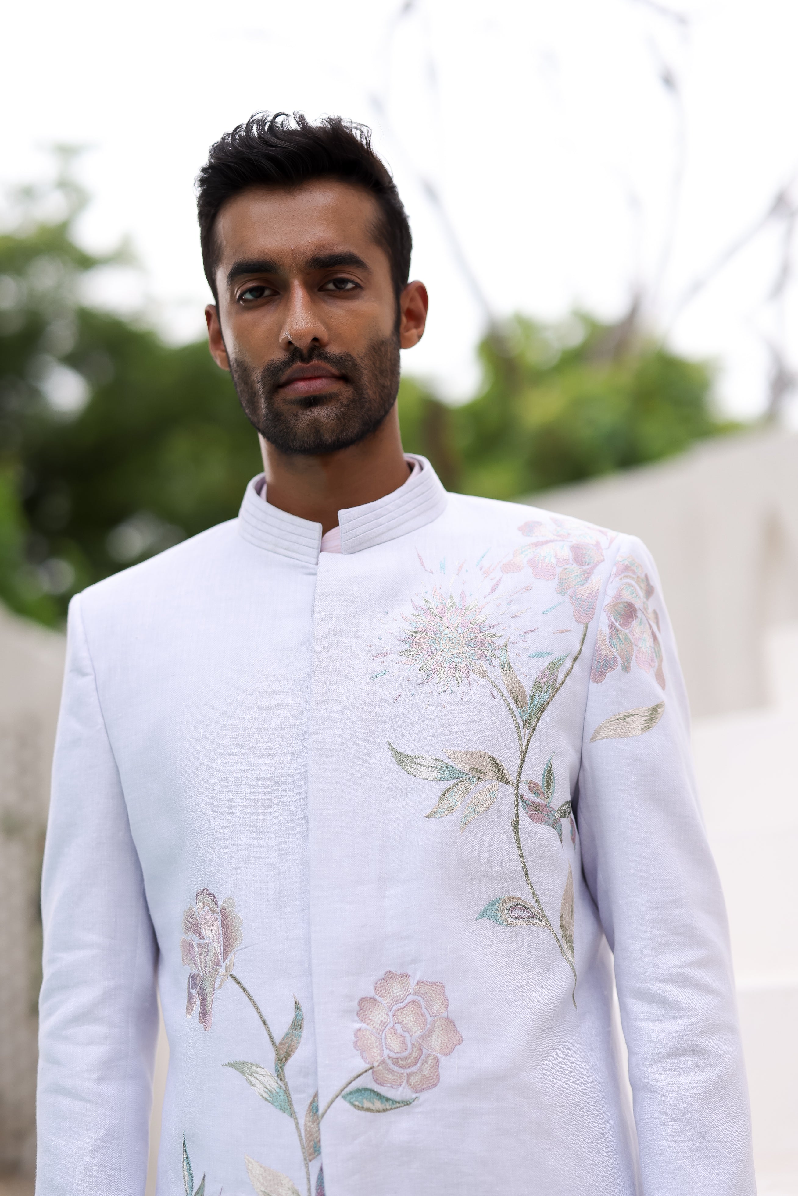 Sky Blue Floral Design Bandhgala with Pink Kurta