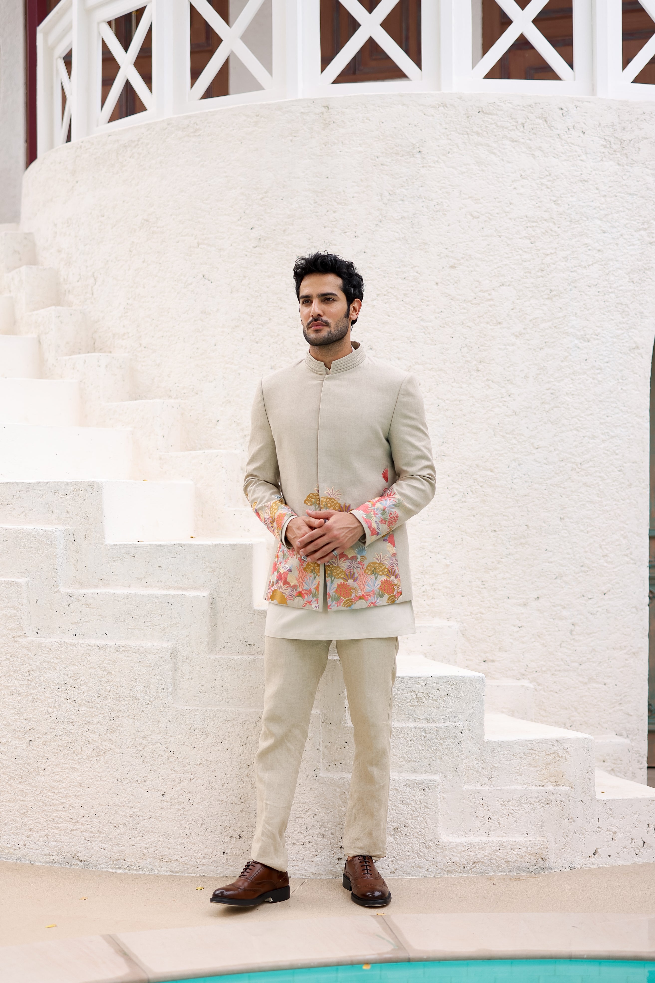 Tan Floral Resham Embroidery Bandhgala