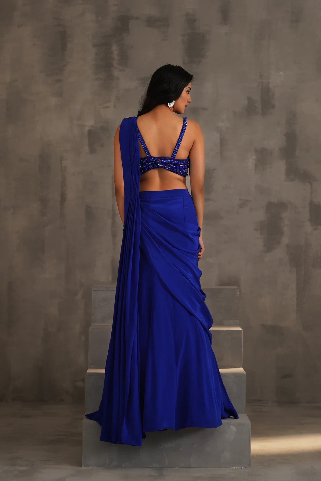 Royal Blue Embroidered Blouse and Drape Saree