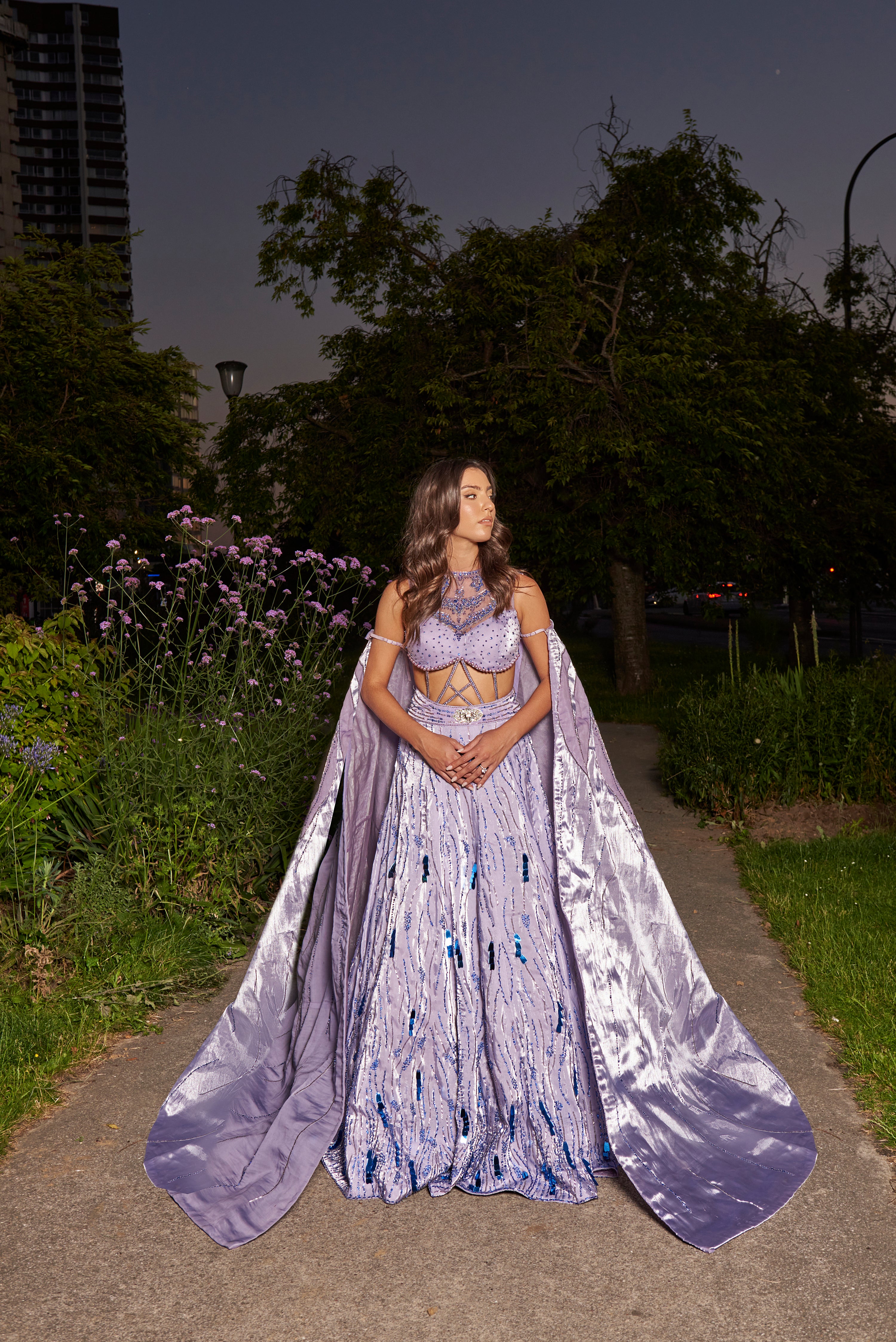 Purple Lehenga Set	"
Lavender Purple Lehenga Set, adorned with exquisite handcrafted embroidery on shimmer organza. The matching shimmer organza blouse and unique dupatta complete the ensemble, offering a delicate and ethereal charm."