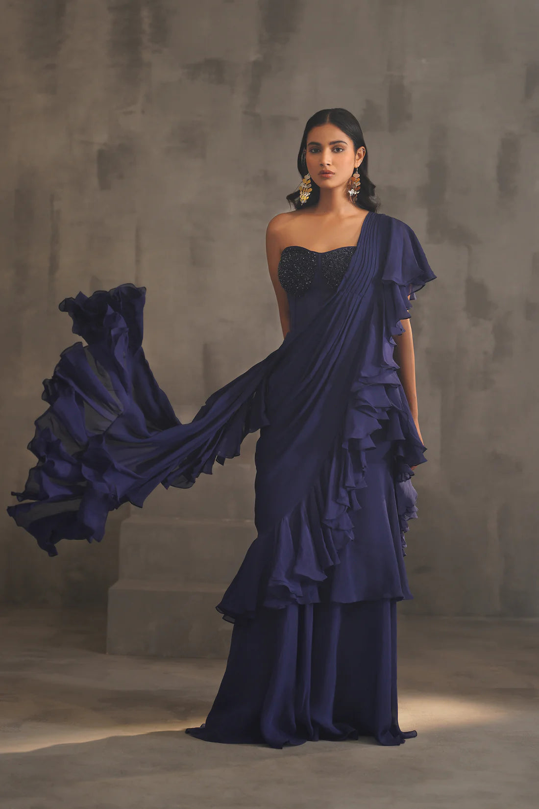 Navy Blue Embroidered Bustier and Drape Saree