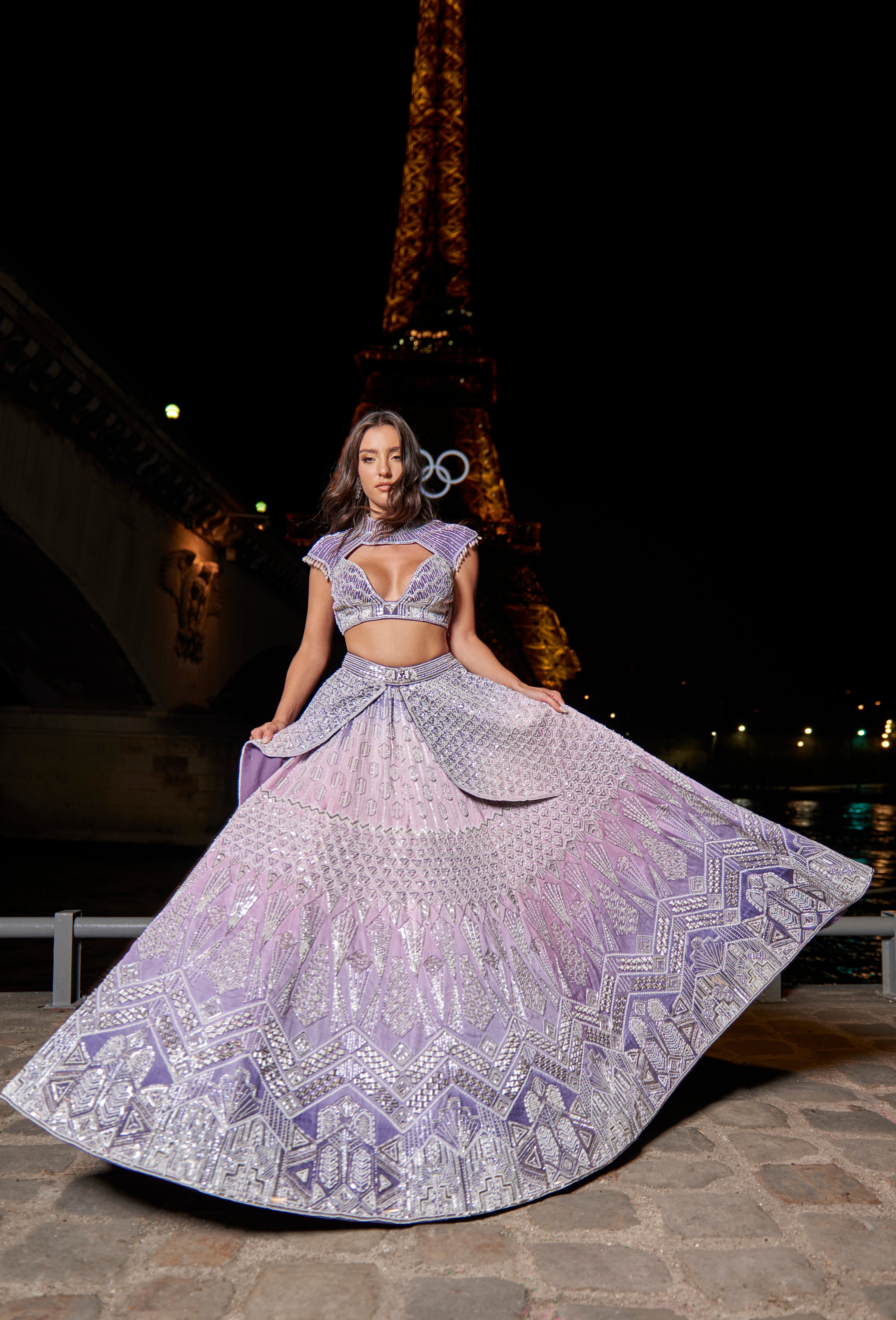 Purple ombre lehenga set, featuring intricate hand embroidery on a linen satin lehenga, paired with a matching blouse and a delicate organza dupatta