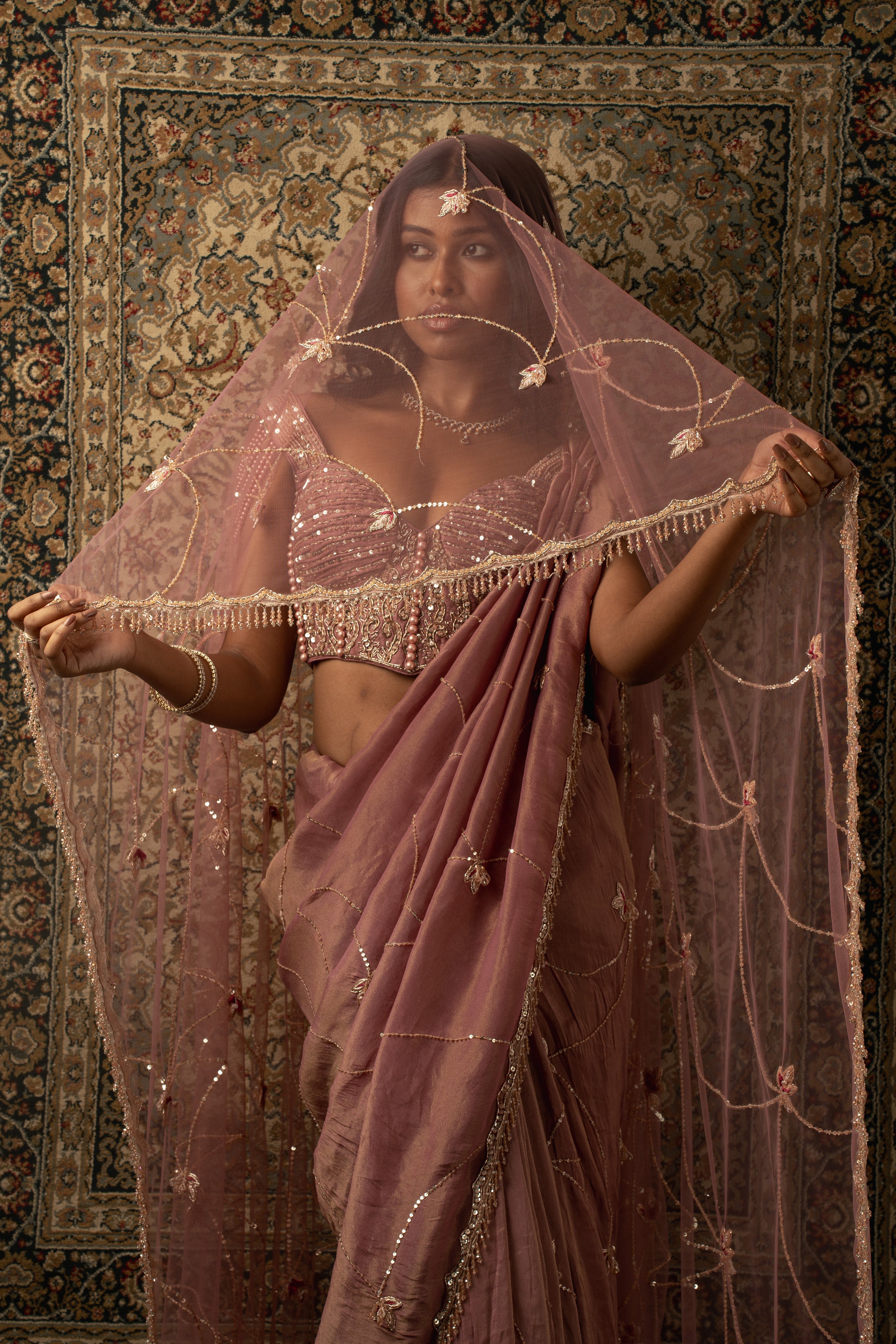Elevate your elegance quotient: Step into the spotlight with this exquisite dusty rose saree ensemble, complete with velvet and net detailing.