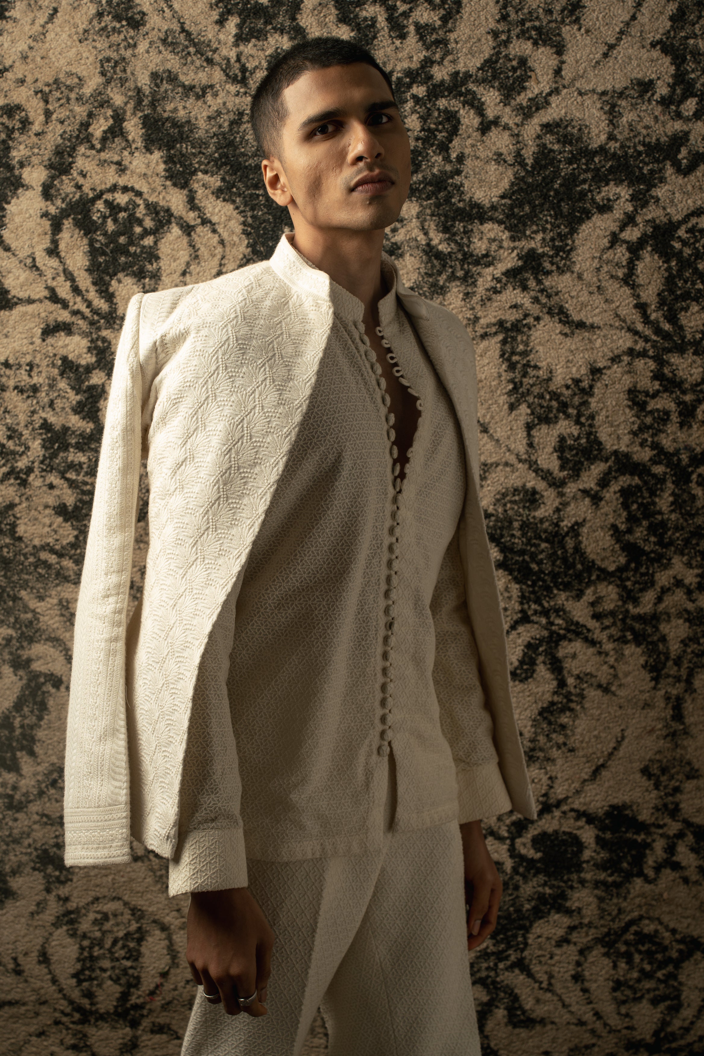 Unleash your inner sophistication: Embrace the allure of Ivory with this ensemble featuring Silk Jacket, Georgette Shirt, and Pants, epitomizing grace and refinement.