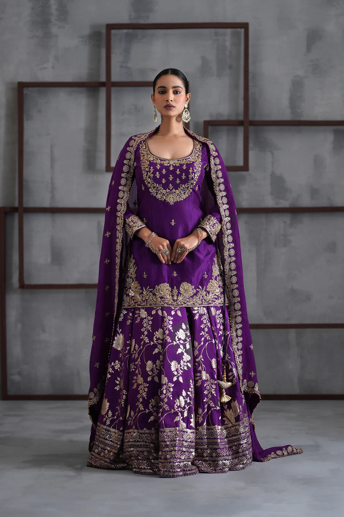 Purple Embroidered Kurti, Banarsi Lehenga and Dupatta Set