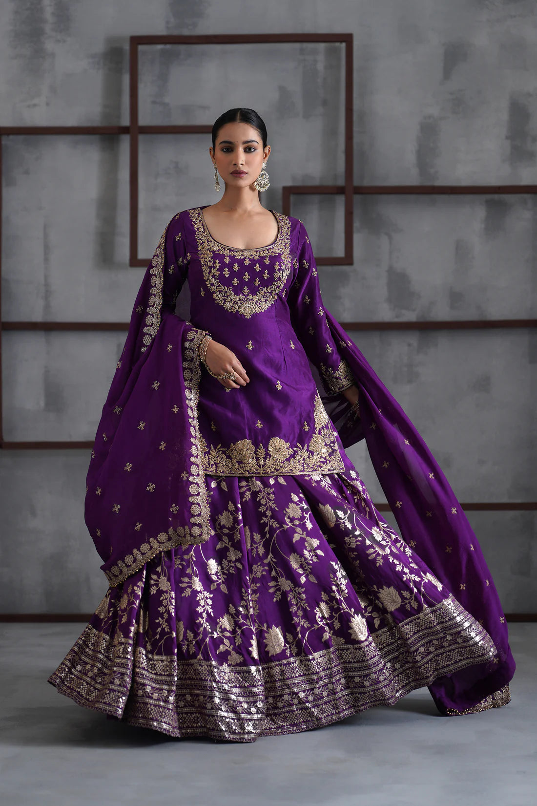 Purple Embroidered Kurti, Banarsi Lehenga and Dupatta Set