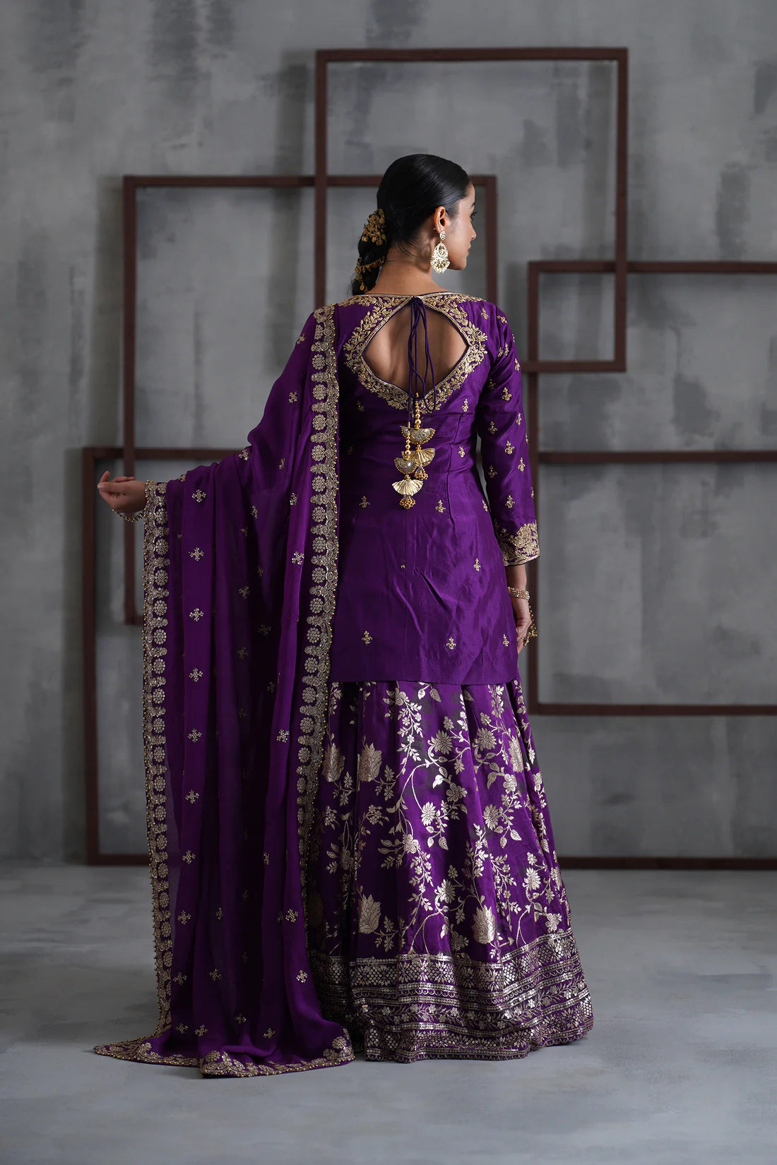 Purple Embroidered Kurti, Banarsi Lehenga and Dupatta Set