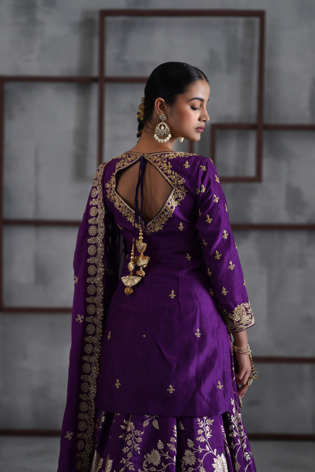 Purple Embroidered Kurti, Banarsi Lehenga and Dupatta Set