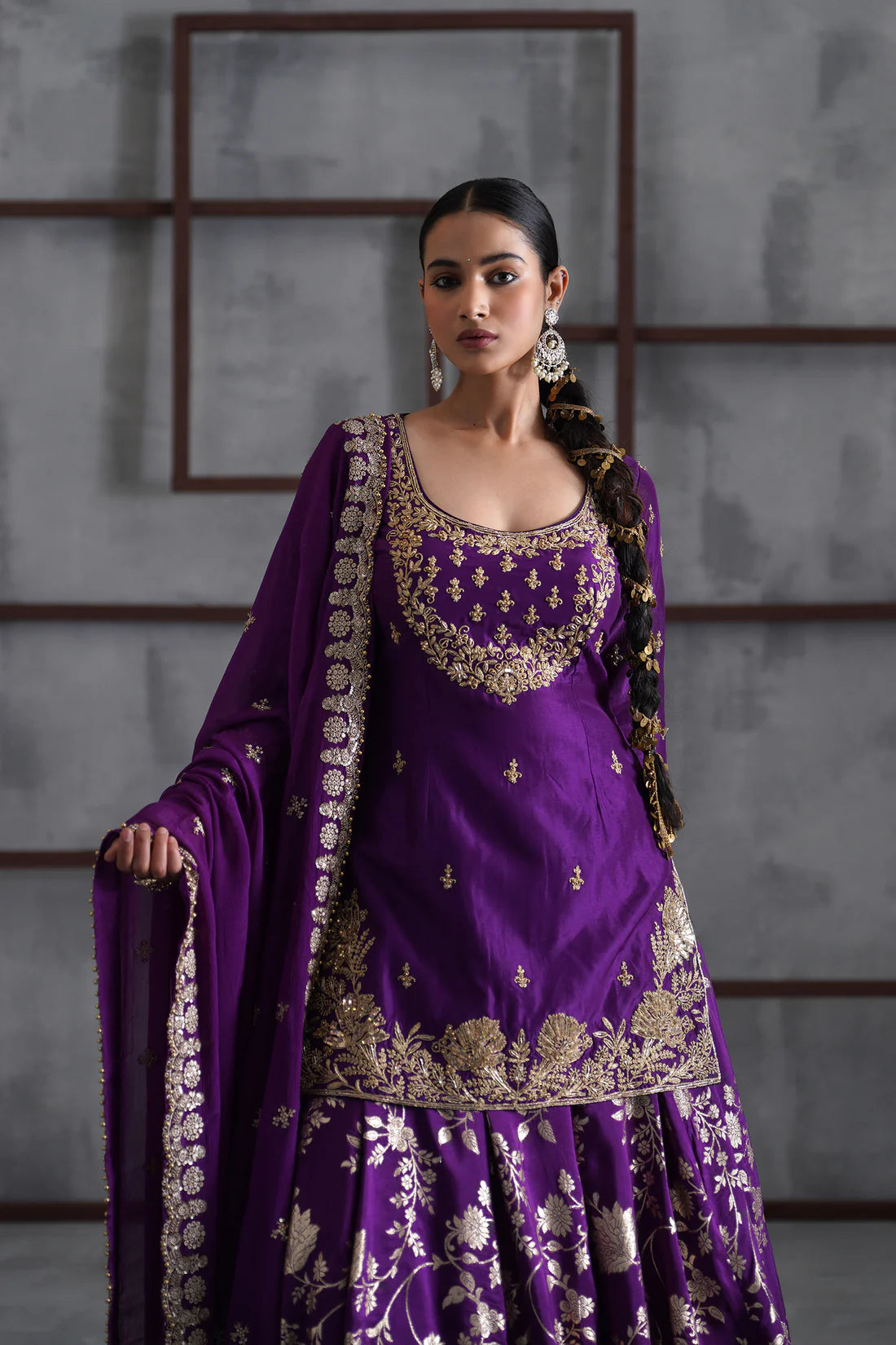Purple Embroidered Kurti, Banarsi Lehenga and Dupatta Set