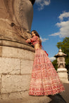 Carnelian red lehenga set with full sleeves, adorned with detailed hand embroidery and pearls, made from rich raw silk and velvet, complemented by a net blouse and dupatta for a sheer, elegant finish.