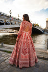 Elegant red lehenga set, showcasing hand-embroidered raw silk and velvet. The net blouse combines an Indian 'Koti' design with stylish puff sleeves, adding a unique touch to the outfit