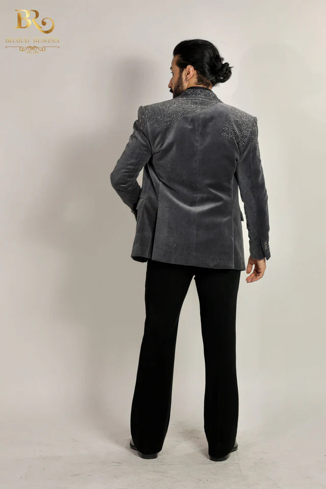 Gray Velvet Embroidered Cutdana Work Tuxedo Set