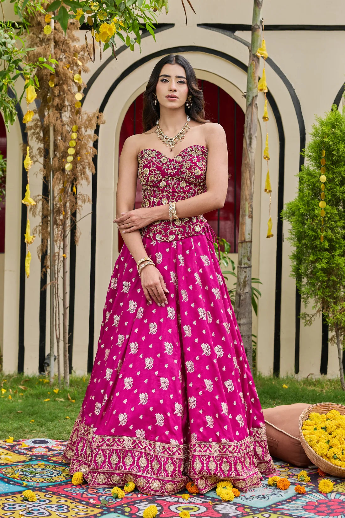 Fuchsia Mirrored Blouse & Brocade Lehenga Set