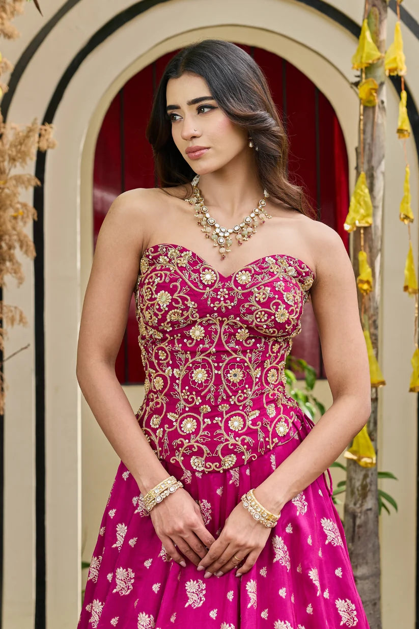 Fuchsia Mirrored Blouse & Brocade Lehenga Set