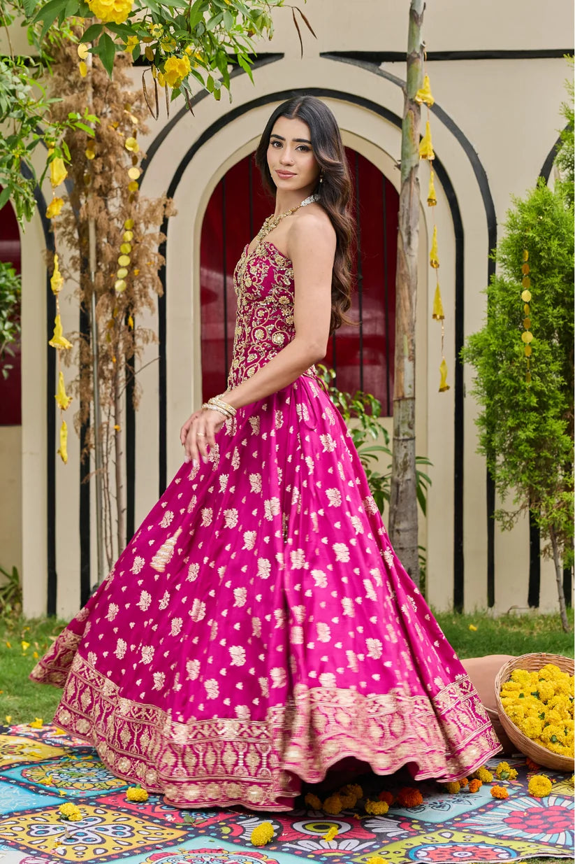 Fuchsia Mirrored Blouse & Brocade Lehenga Set