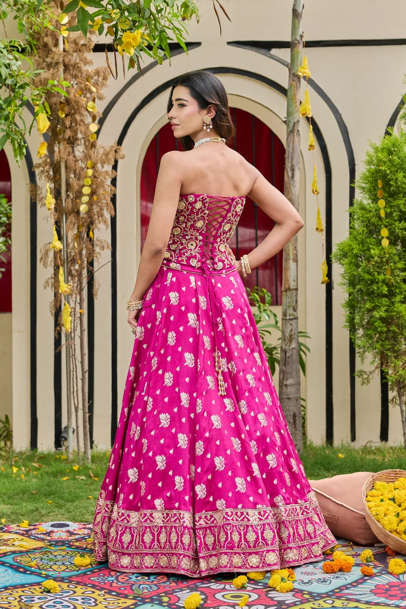 Fuchsia Mirrored Blouse & Brocade Lehenga Set