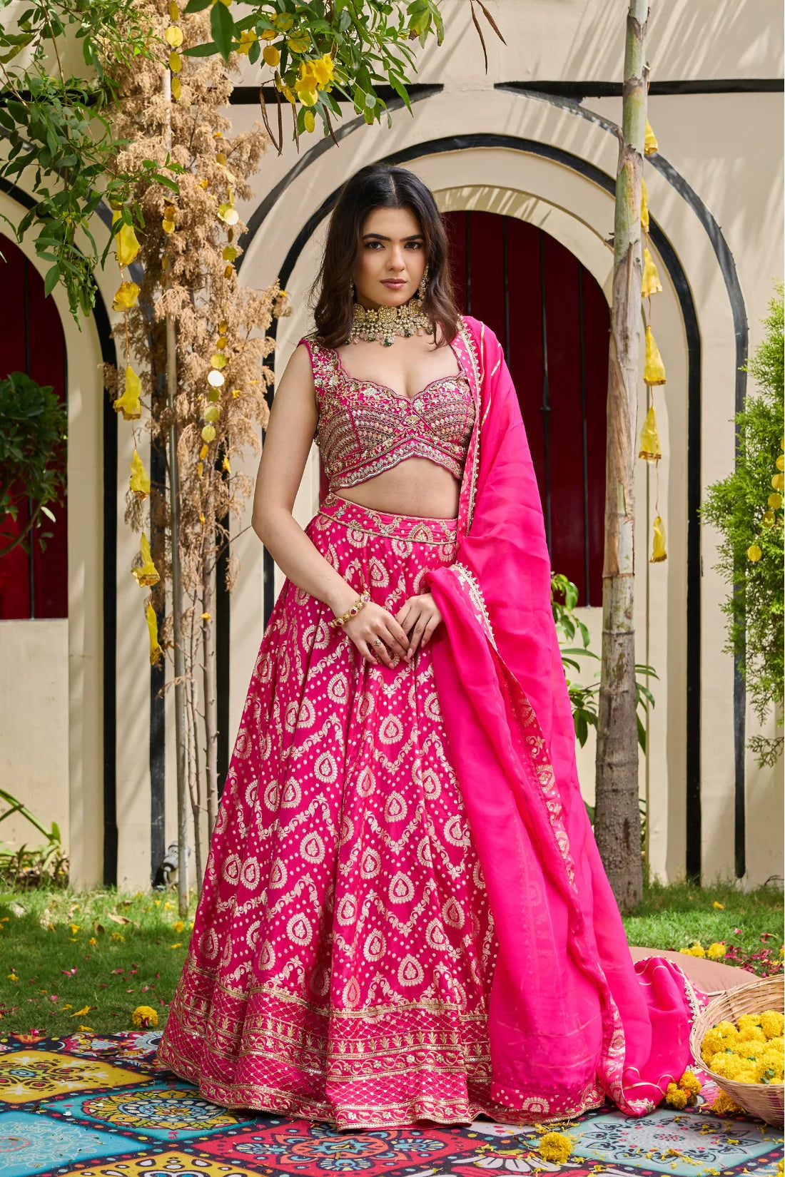 Plum Embroidery Corset and Brocade Lehnga Set