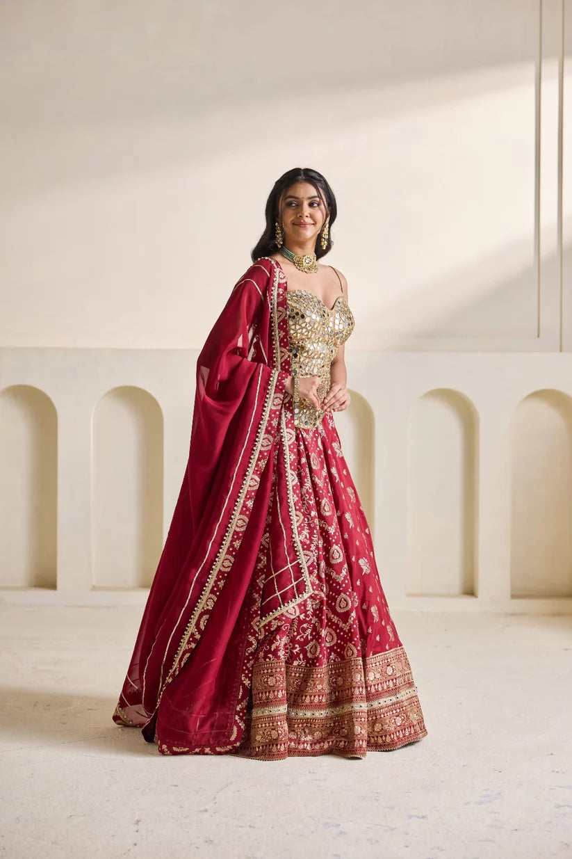 Gold Embroidery Corset and Brocade Lehnga Set