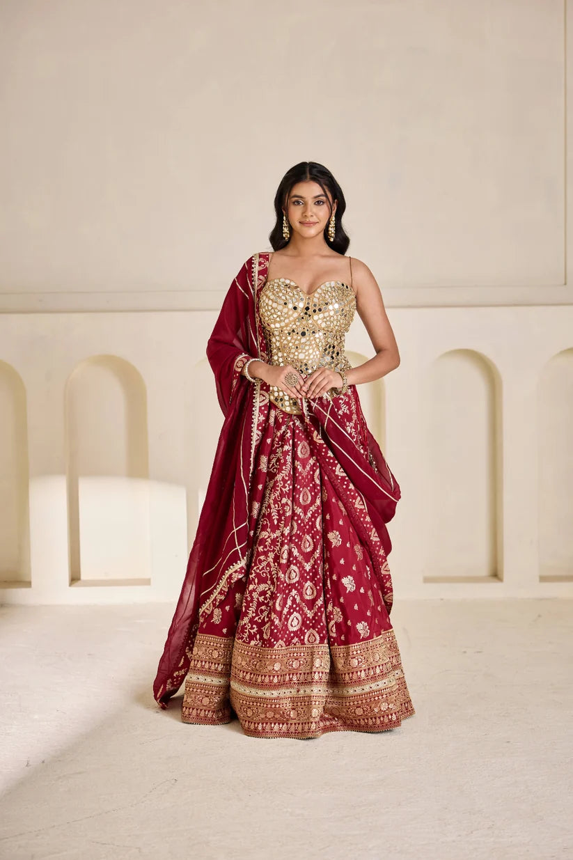 Gold embroidered corset and brocade lehenga set
