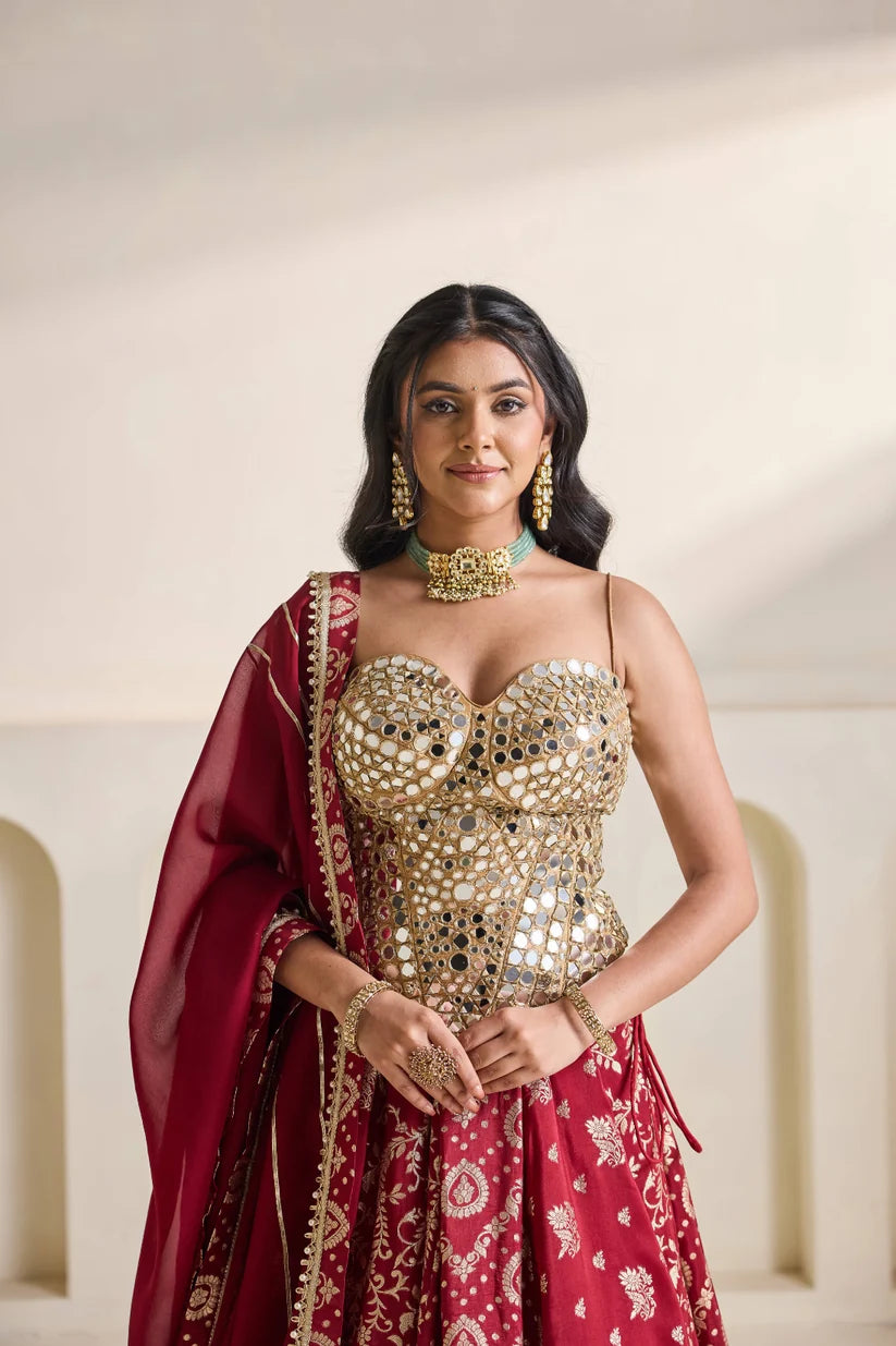 Gold embroidered corset and brocade lehenga set