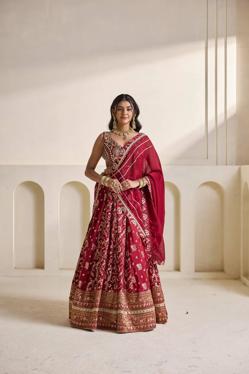 Maroon embroidered blouse and banarsi lehnga set