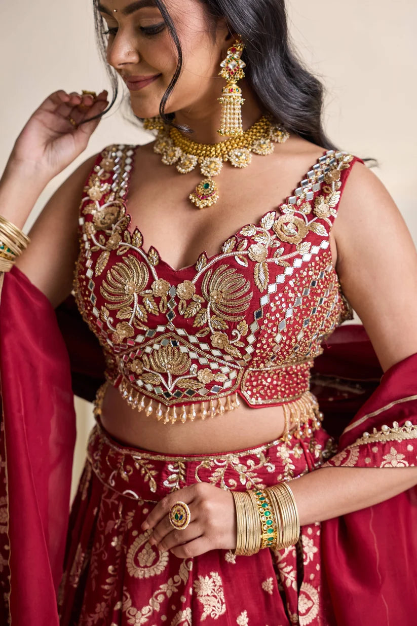 Maroon embroidered blouse and banarsi lehnga set