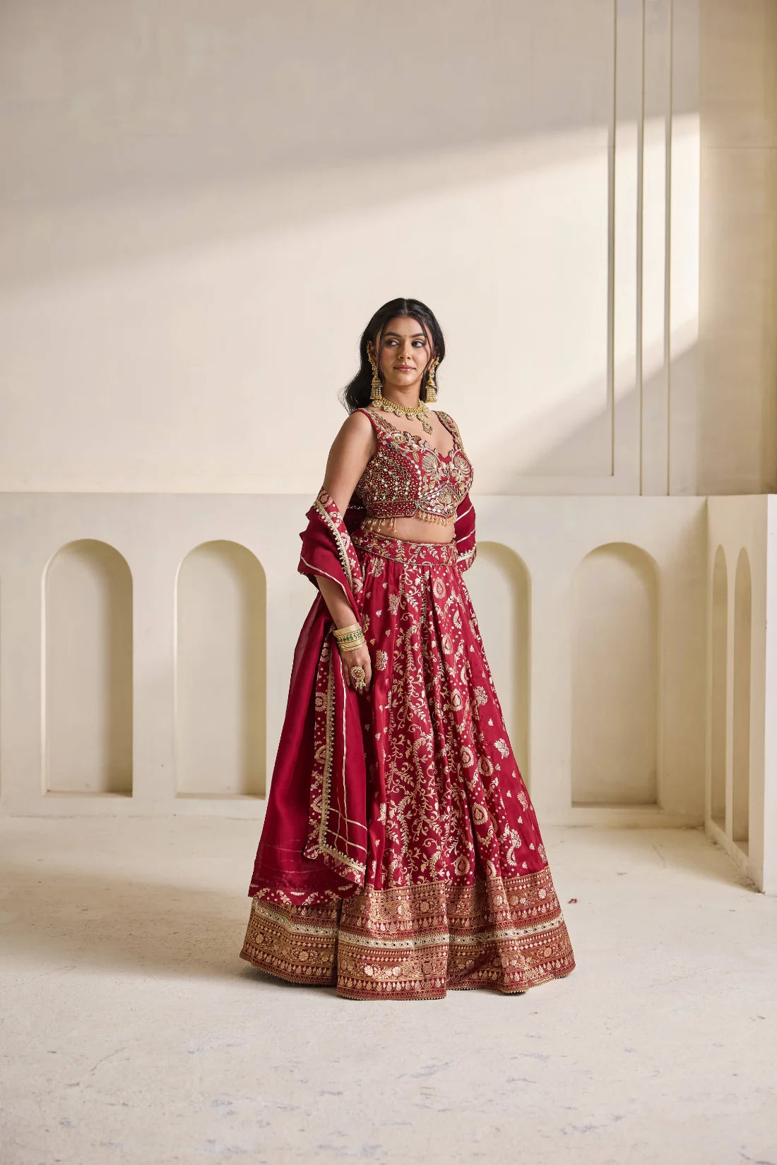 Maroon embroidered blouse and banarsi lehnga set
