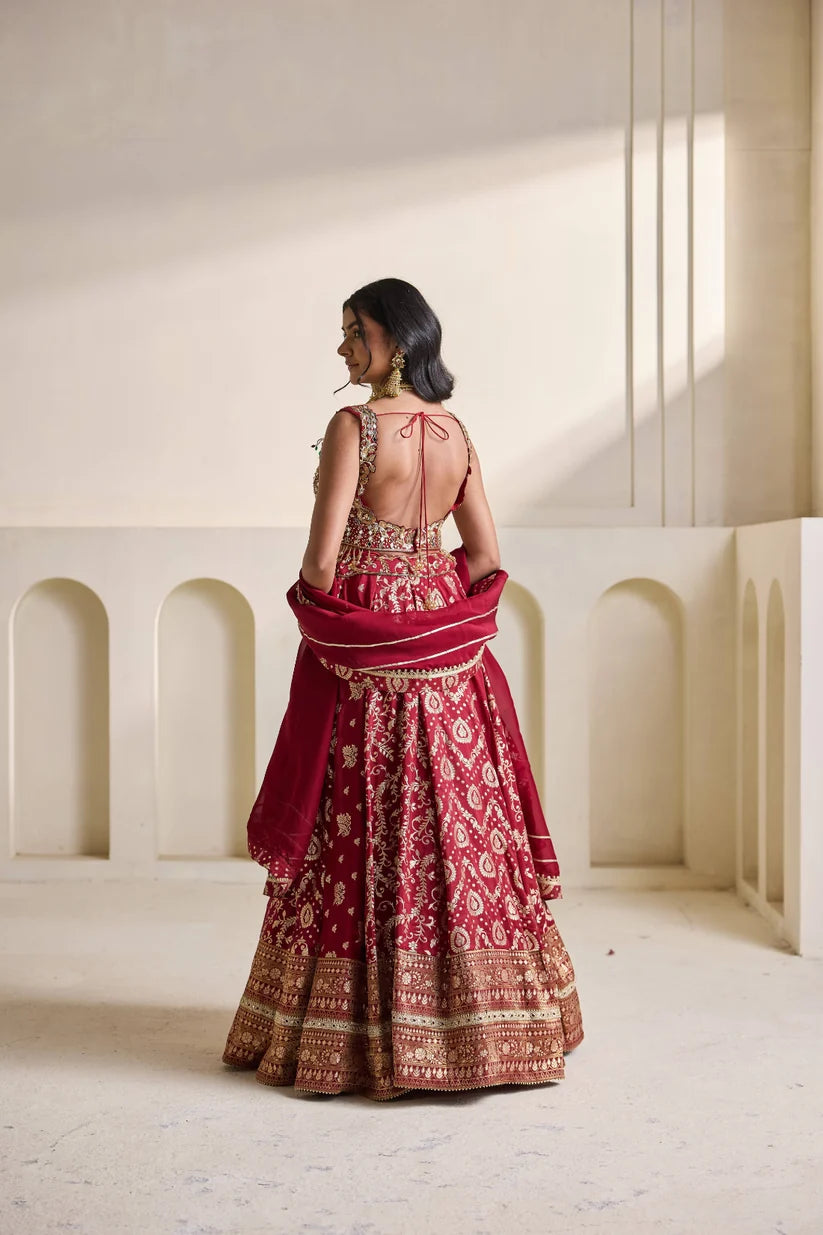 Maroon embroidered blouse and banarsi lehnga set